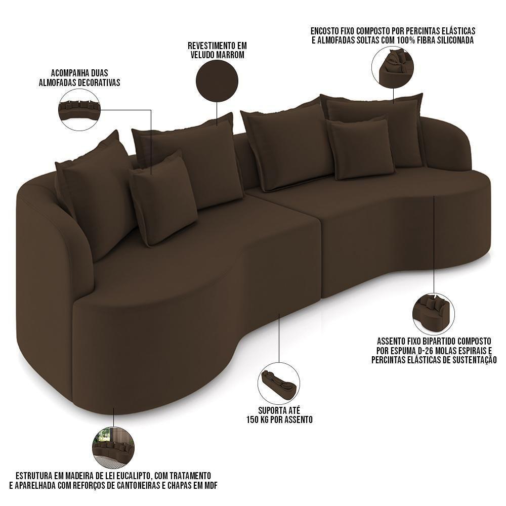 Sofá 3 Lugares Orgânico Sala De Estar Living 230cm Ekos K01 Veludo Marrom - Lyam Decor - 4