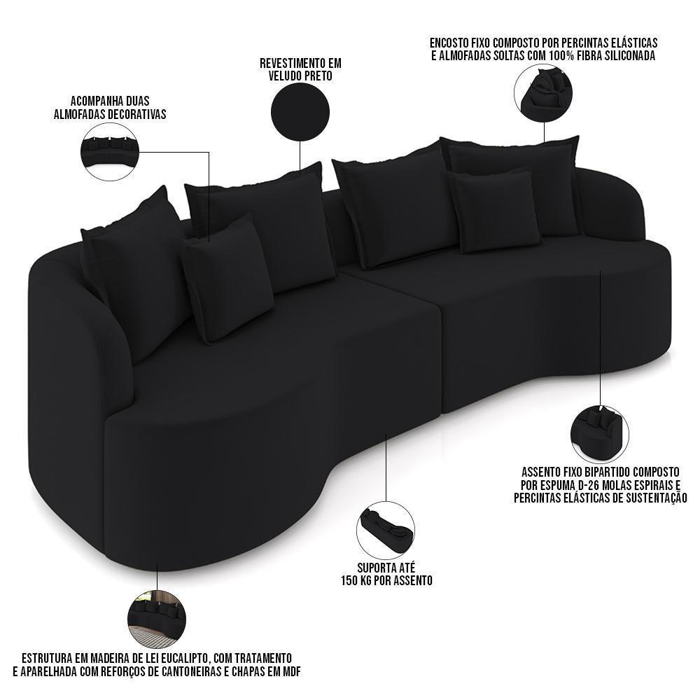 Sofá 3 Lugares Orgânico Sala De Estar Living 210cm Ekos K01 Veludo Preto - Lyam Decor - 4