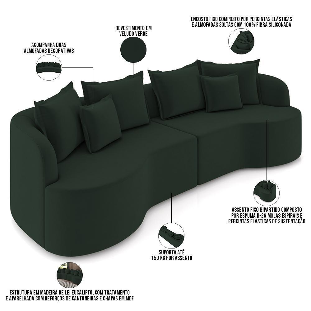 Sofá 3 Lugares Orgânico Sala De Estar Living 250cm Ekos K01 Veludo Verde - Lyam Decor - 4