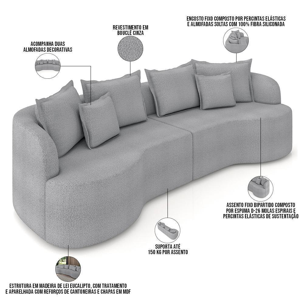 Sofá 3 Lugares Orgânico Sala De Estar Living 230cm Ekos K01 Bouclê Cinza - Lyam Decor - 4