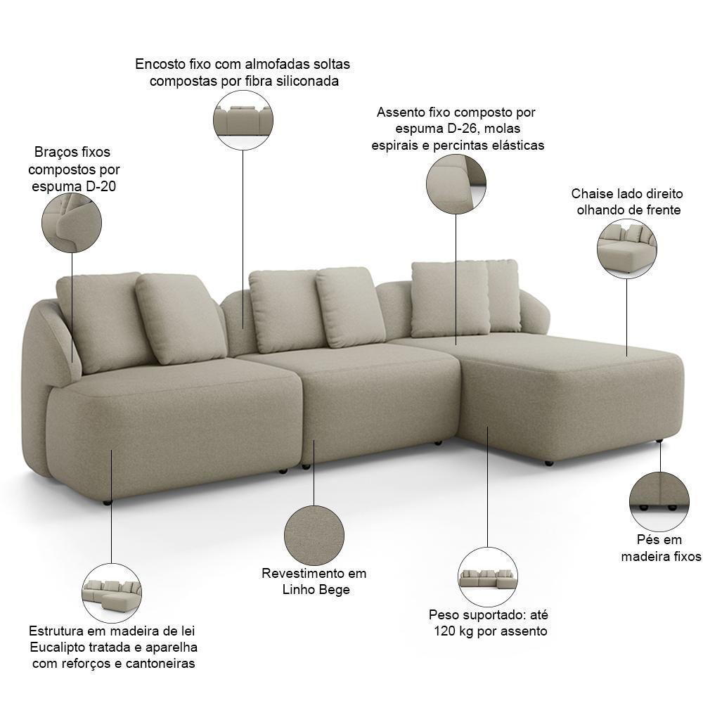 Sofá 3 Lugares Com Chaise Direito Sala Living 254cm Arlo F04 Linho Bege - Lyam Decor - 3