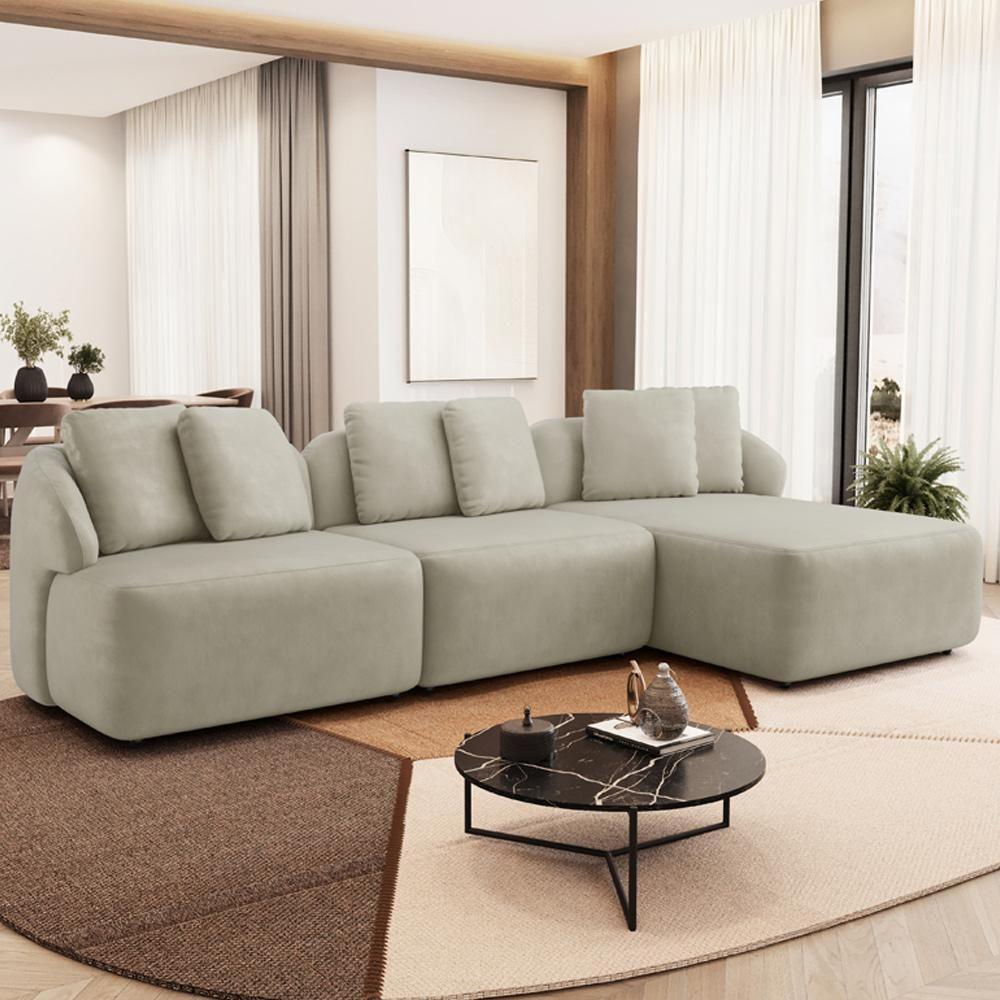 Sofá 3 Lugares Com Chaise Direito Sala Living 254cm Arlo F04 Veludo Bege - Lyam Decor - 2