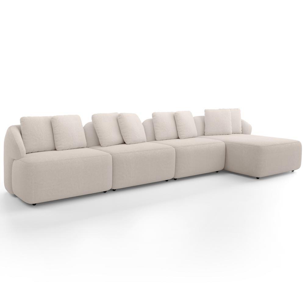 Sofá 5 Lugares Com Chaise Direito Sala Living 334cm Arlo F04 Bouclê Bege - Lyam Decor - 1