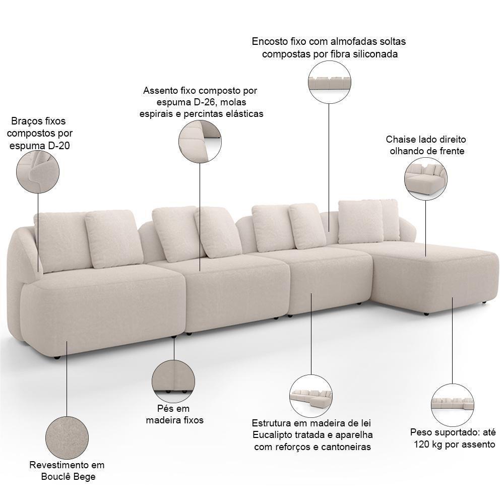 Sofá 5 Lugares Com Chaise Direito Sala Living 334cm Arlo F04 Bouclê Bege - Lyam Decor - 5