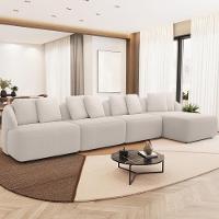 Sofá 5 Lugares Com Chaise Direito Sala Living 334cm Arlo F04 Bouclê Bege - Lyam Decor - 7