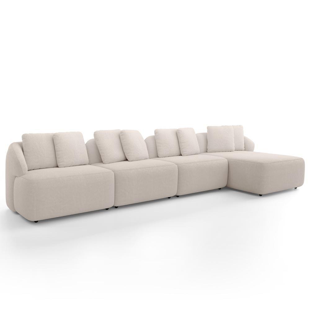 Sofá 5 Lugares Com Chaise Direito Sala Living 334cm Arlo F04 Veludo Bege - Lyam Decor - 1