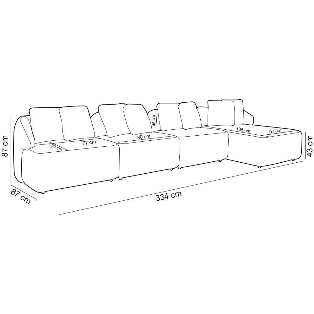 Sofá 5 Lugares Com Chaise Direito Sala Living 334cm Arlo F04 Veludo Bege - Lyam Decor - 4