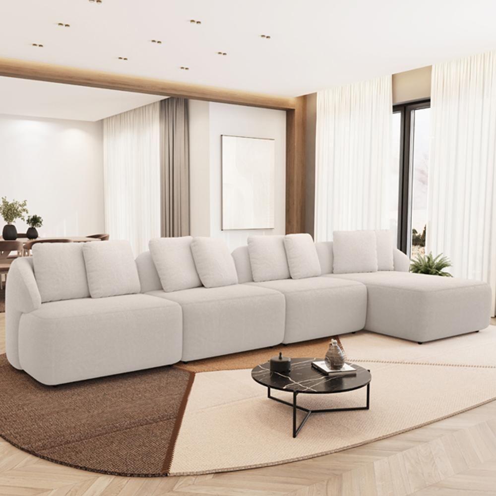 Sofá 5 Lugares Com Chaise Direito Sala Living 334cm Arlo F04 Veludo Bege - Lyam Decor - 5