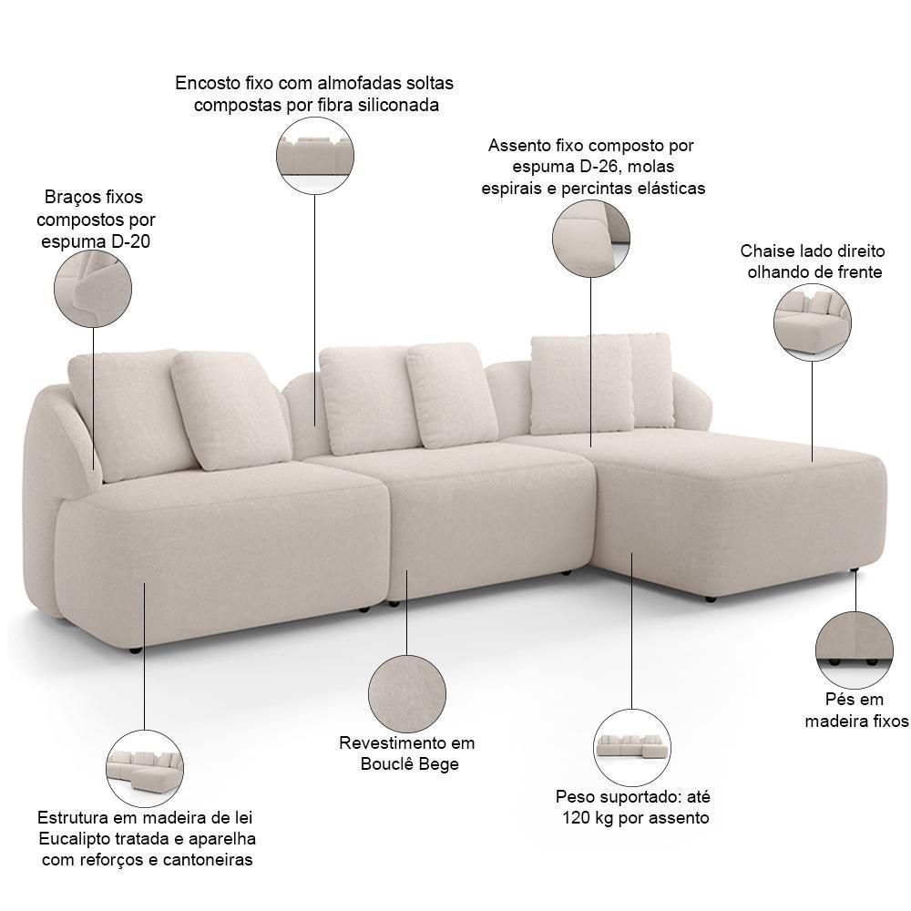 Sofá 4 Lugares Com Chaise Direito Sala Living 294cm Arlo F04 Bouclê Bege - Lyam Decor - 4