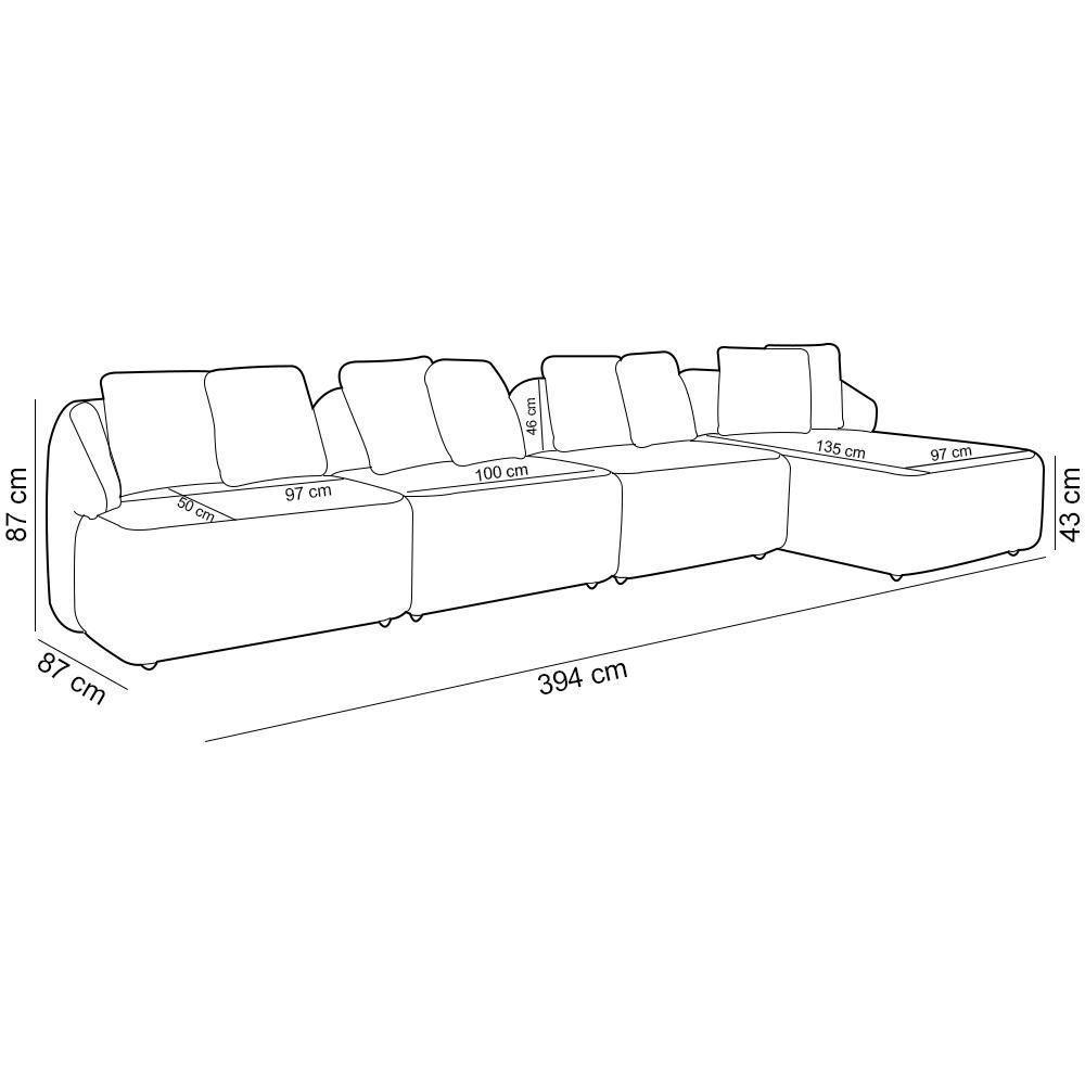 Sofá 5 Lugares Com Chaise Direito Sala Living 394cm Arlo F04 Bouclê Bege - Lyam Decor - 5