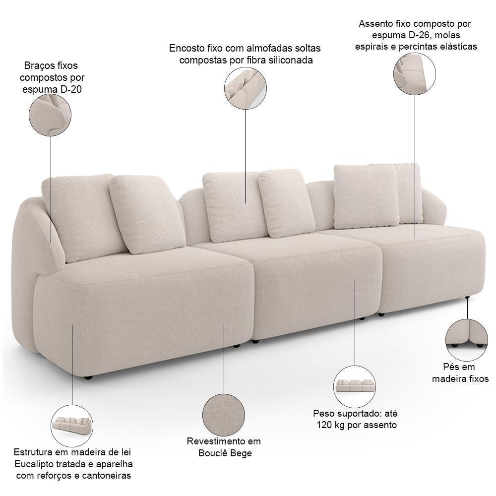 Sofá 3 Lugares Para Sala De Estar Living 234cm Arlo F04 Bouclê Bege - Lyam Decor - 4