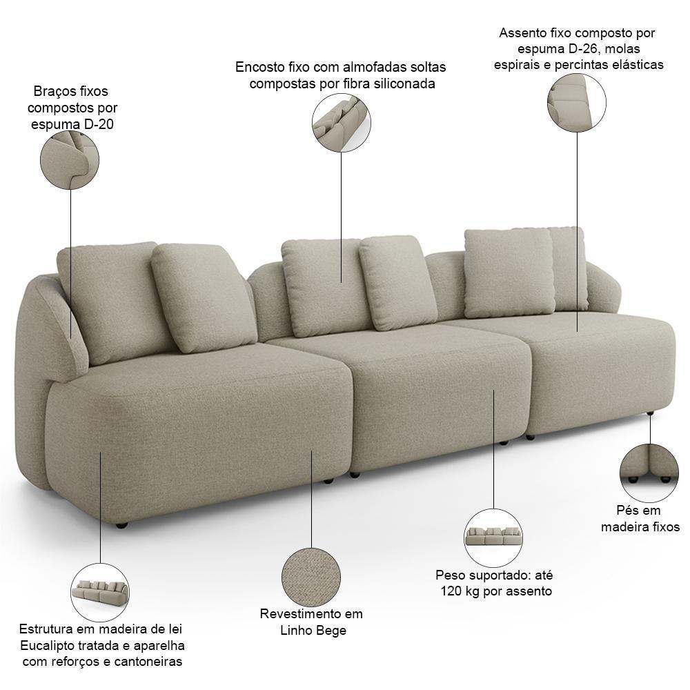 Sofá 4 Lugares Para Sala De Estar Living 294cm Arlo F04 Linho Bege - Lyam Decor - 4