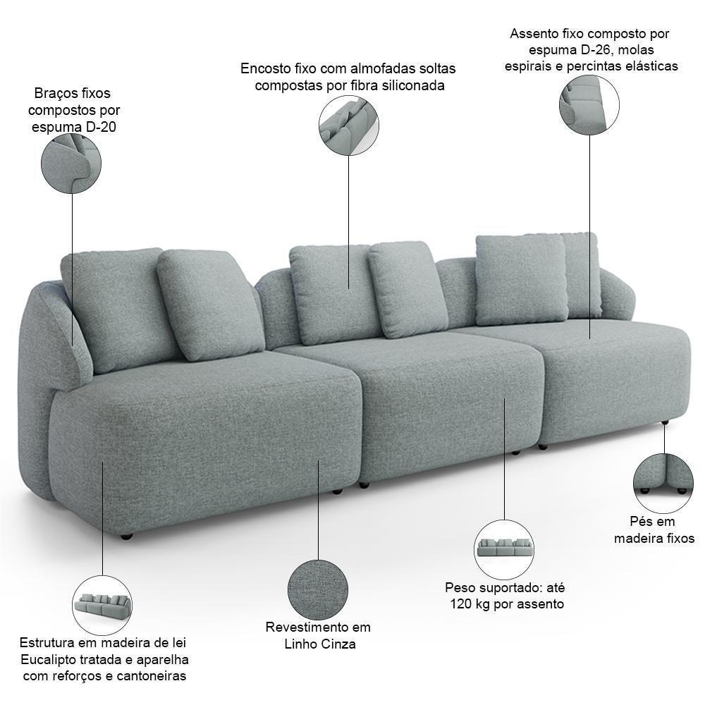 Sofá 4 Lugares Para Sala De Estar Living 294cm Arlo F04 Linho Cinza - Lyam Decor - 4