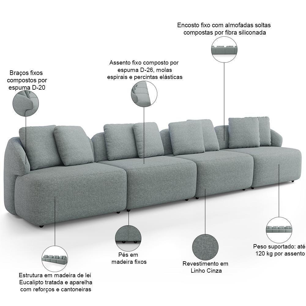 Sofá 4 Lugares Para Sala De Estar Living 314cm Arlo F04 Linho Cinza - Lyam Decor - 4