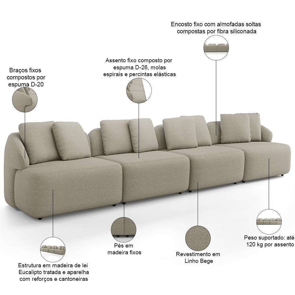 Sofá 5 Lugares Para Sala De Estar Living 394cm Arlo F04 Linho Bege - Lyam Decor - 4