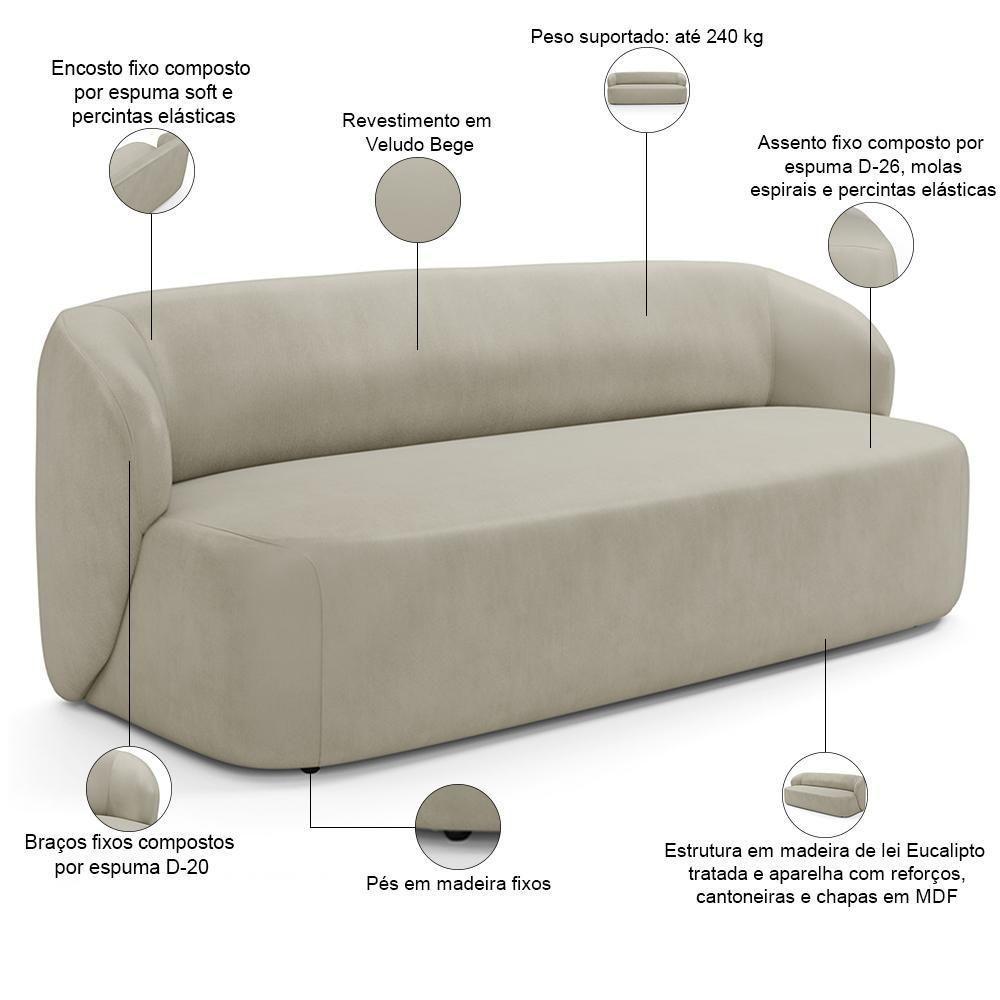 Sofá 2 Lugares Orgânico Para Sala De Estar Living 170cm Heidy F04 Veludo Bege - Lyam Decor - 4