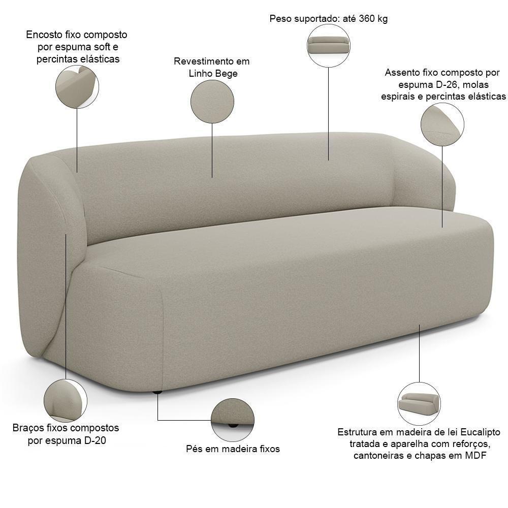 Sofá 3 Lugares Orgânico Para Sala De Estar Living 205cm Heidy F04 Linho Bege - Lyam Decor - 4