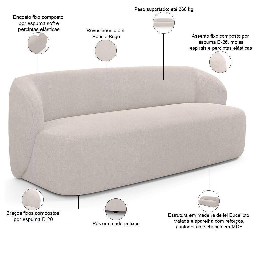 Sofá 3 Lugares Orgânico Para Sala De Estar Living 205cm Heidy F04 Bouclê Bege - Lyam Decor - 4