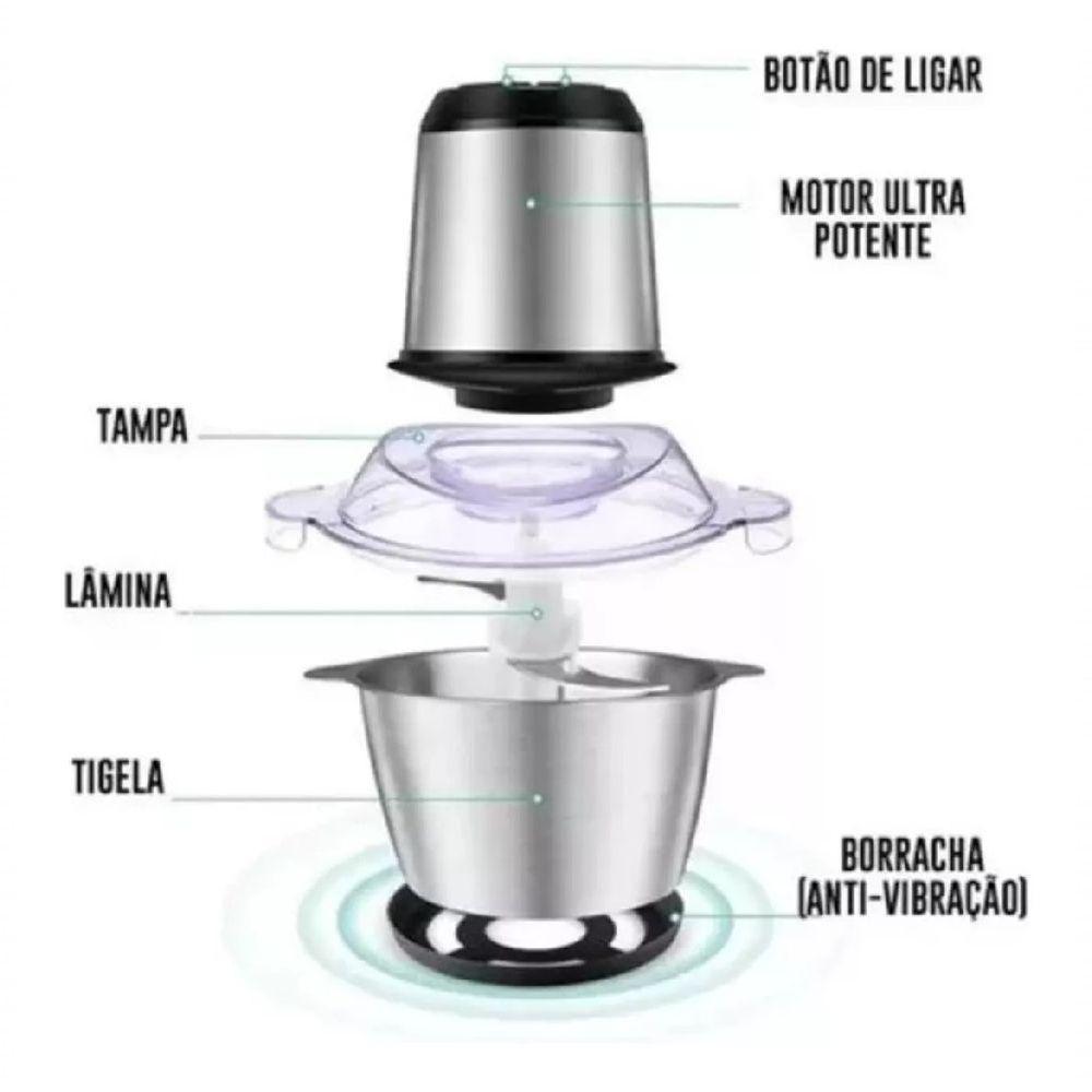 Processador Moedor Alimentos Elétrico Inox Com 4 Lâminas 2L 110V - 6