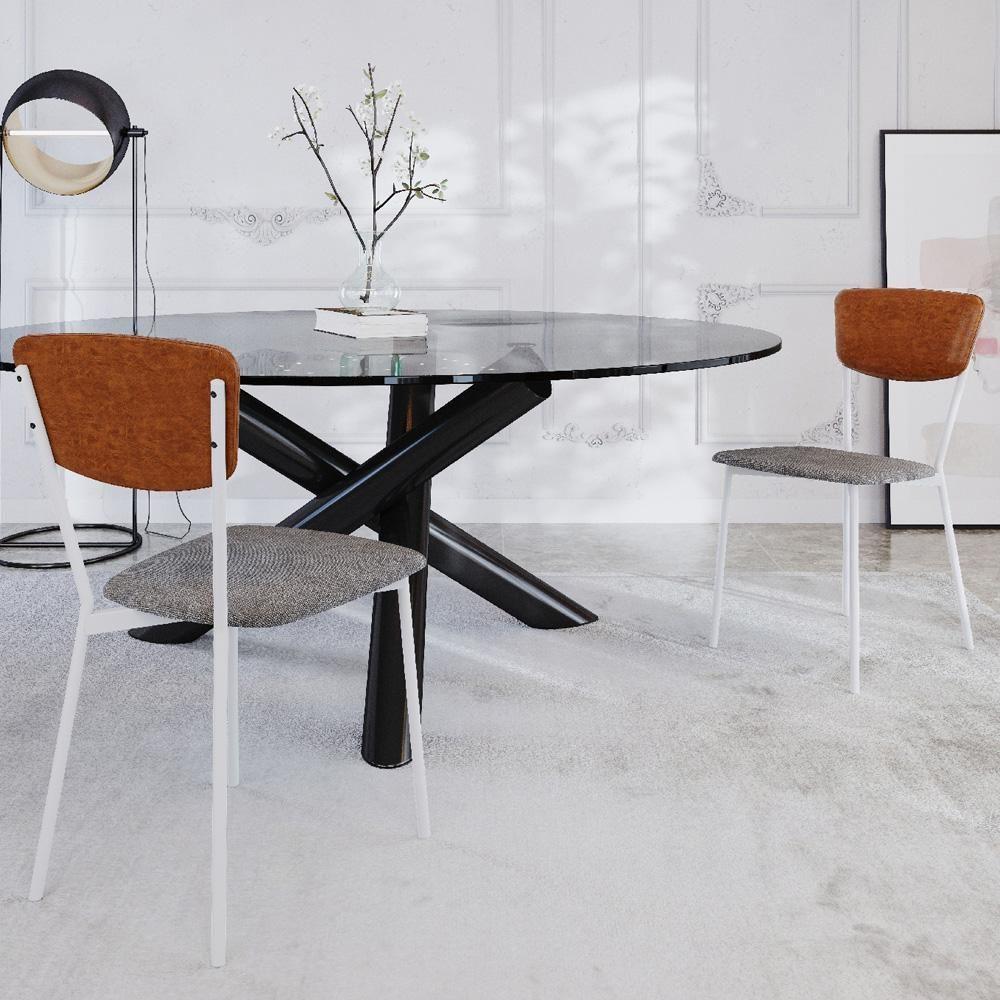 Cadeira Estofada Para Sala De Jantar Village Branco C01 Linho Prata Courino Caramelo - Lyam Decor - 2