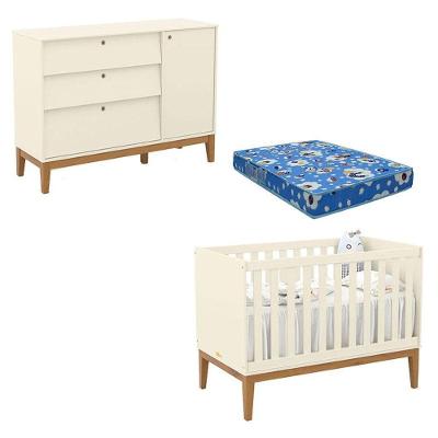 Berço Americano e Cômoda Sapateira Unique MDF com Puxadores Off White Eco Wood com Colchão