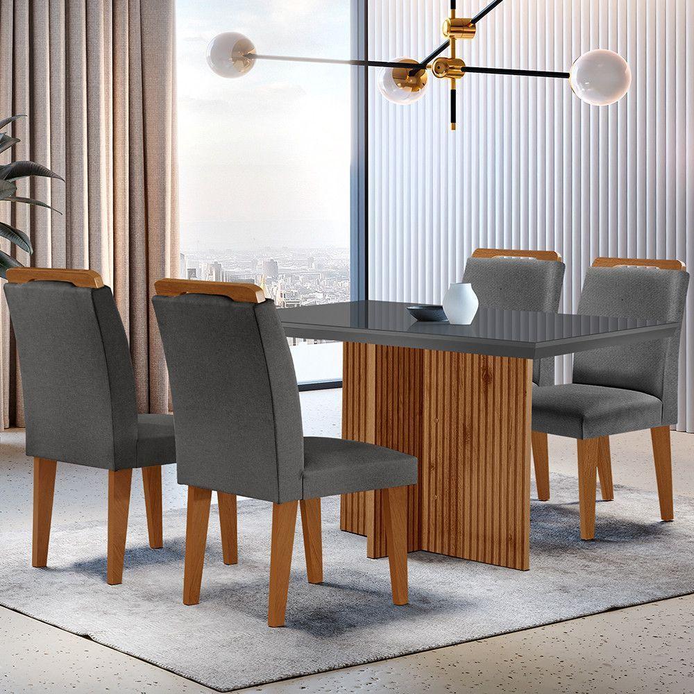 Sala De Jantar Mesa Olímpia 120cm Mdf Vidro Canto Reto Com 4 Cadeiras Athenas Grafite Com Imbuia - 1