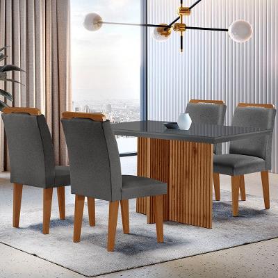 Conjunto de Jantar Olímpia 4 Lugares Tampo de Vidro Grafite com Imbuia Mesa 120cm com Cadeiras