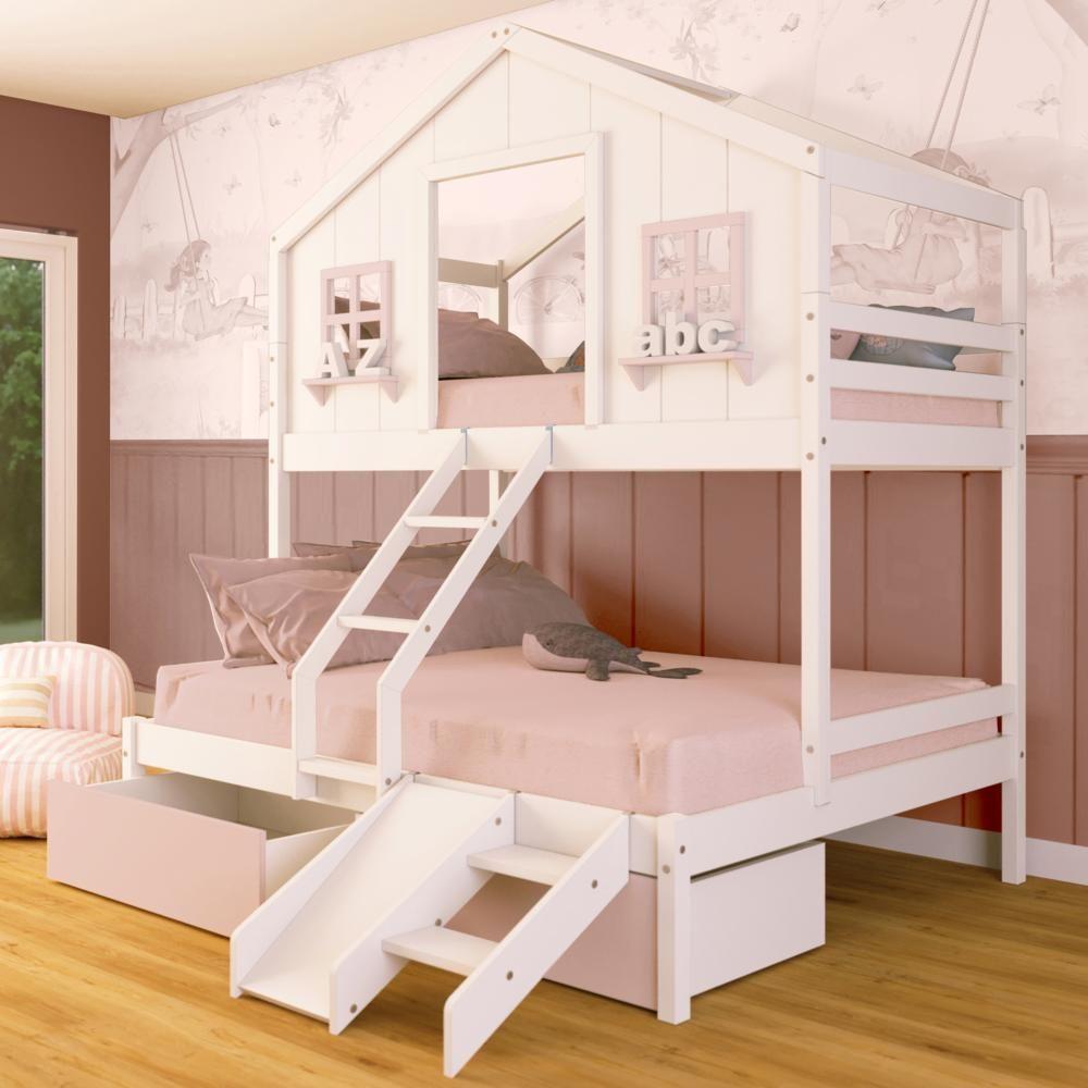 Beliche Casal/ Solteiro Casinha Sonhos 02 Gavetas Rosa Kit Escada/ Escorregador Madeira Maciça Branco/ Rosa Megamobilia - 1