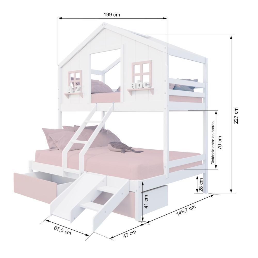 Beliche Casal/ Solteiro Casinha Sonhos 02 Gavetas Rosa Kit Escada/ Escorregador Madeira Maciça Branco/ Rosa Megamobilia - 2