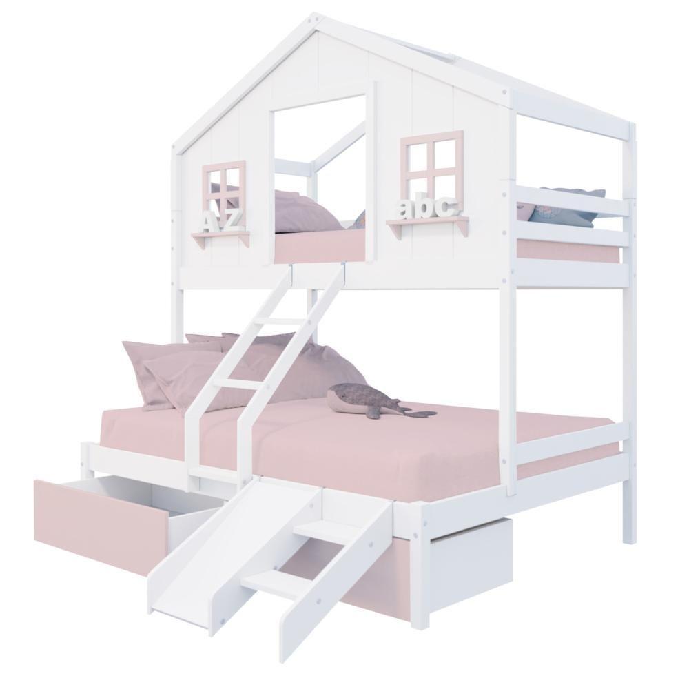 Beliche Casal/ Solteiro Casinha Sonhos 02 Gavetas Rosa Kit Escada/ Escorregador Madeira Maciça Branco/ Rosa Megamobilia - 3