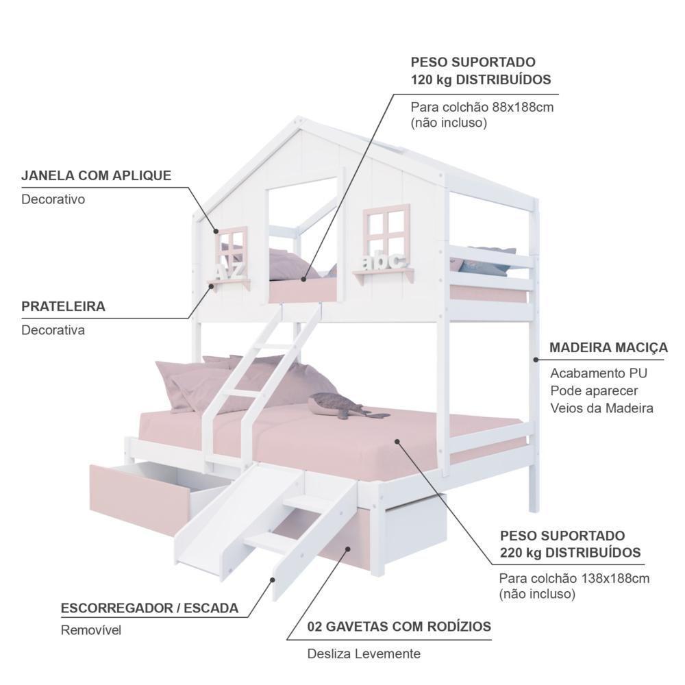 Beliche Casal/ Solteiro Casinha Sonhos 02 Gavetas Rosa Kit Escada/ Escorregador Madeira Maciça Branco/ Rosa Megamobilia - 4