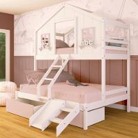 Beliche Casal/ Solteiro Casinha Sonhos 02 Gavetas Rosa Kit Escada/ Escorregador Madeira Maciça Branco/ Rosa Megamobilia - 1