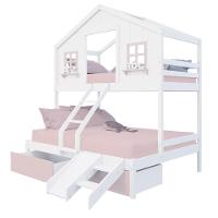 Beliche Casal/ Solteiro Casinha Sonhos 02 Gavetas Rosa Kit Escada/ Escorregador Madeira Maciça Branco/ Rosa Megamobilia - 3