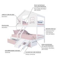 Beliche Casal/ Solteiro Casinha Sonhos 02 Gavetas Rosa Kit Escada/ Escorregador Madeira Maciça Branco/ Rosa Megamobilia - 4