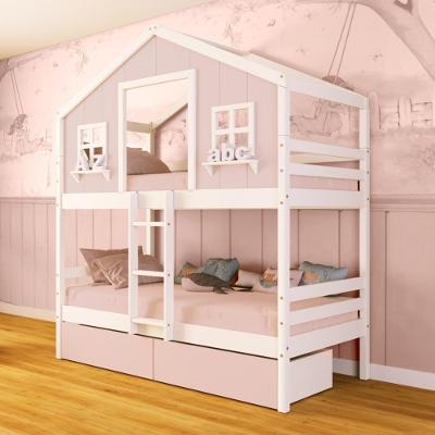 Beliche Casinha Dos Sonhos Com 02 Gavetas Rosa Madeira Maciça Rosa/ Branco Megamobilia