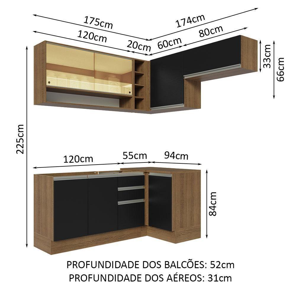 Armário De Cozinha 349Cm Rustic/Preto Glamy 06 Rustic/Preto - 8