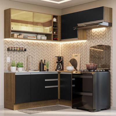 Cozinha Completa de Canto Glamy 7 Portas 3 Gavetas 349cm Rustic-Preto