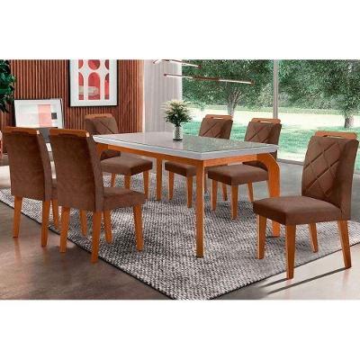 Sala De Jantar Completa Londrina Tampo Madeirado C- Vidro Curvo 120x80 E 4 Cadeiras Melissa Imbuia-veludo Capuccino - Rufato