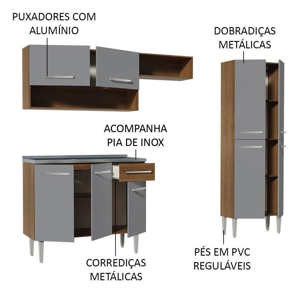 Armário De Cozinha Compacta 229cm Com Pia Rustic/cinza Emilly Madesa 10 Rustic/cinza - 7