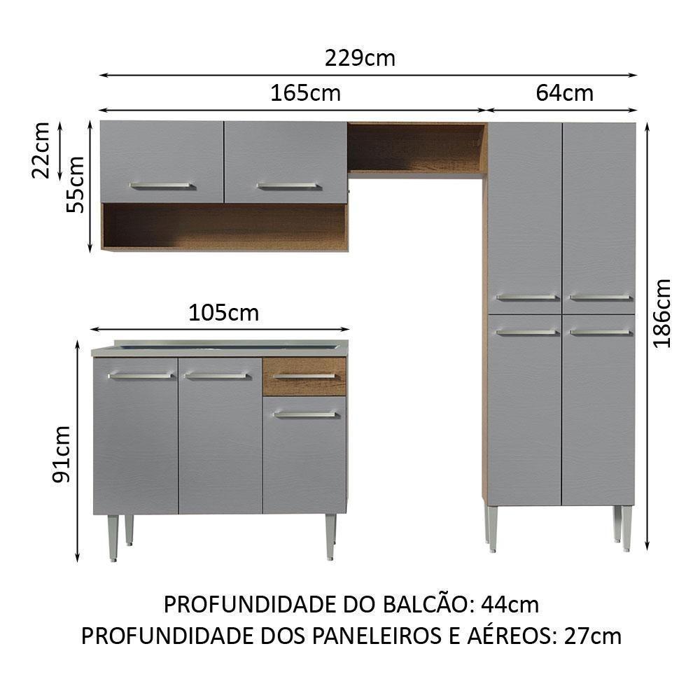 Armário De Cozinha Compacta 229cm Com Pia Rustic/cinza Emilly Madesa 10 Rustic/cinza - 8