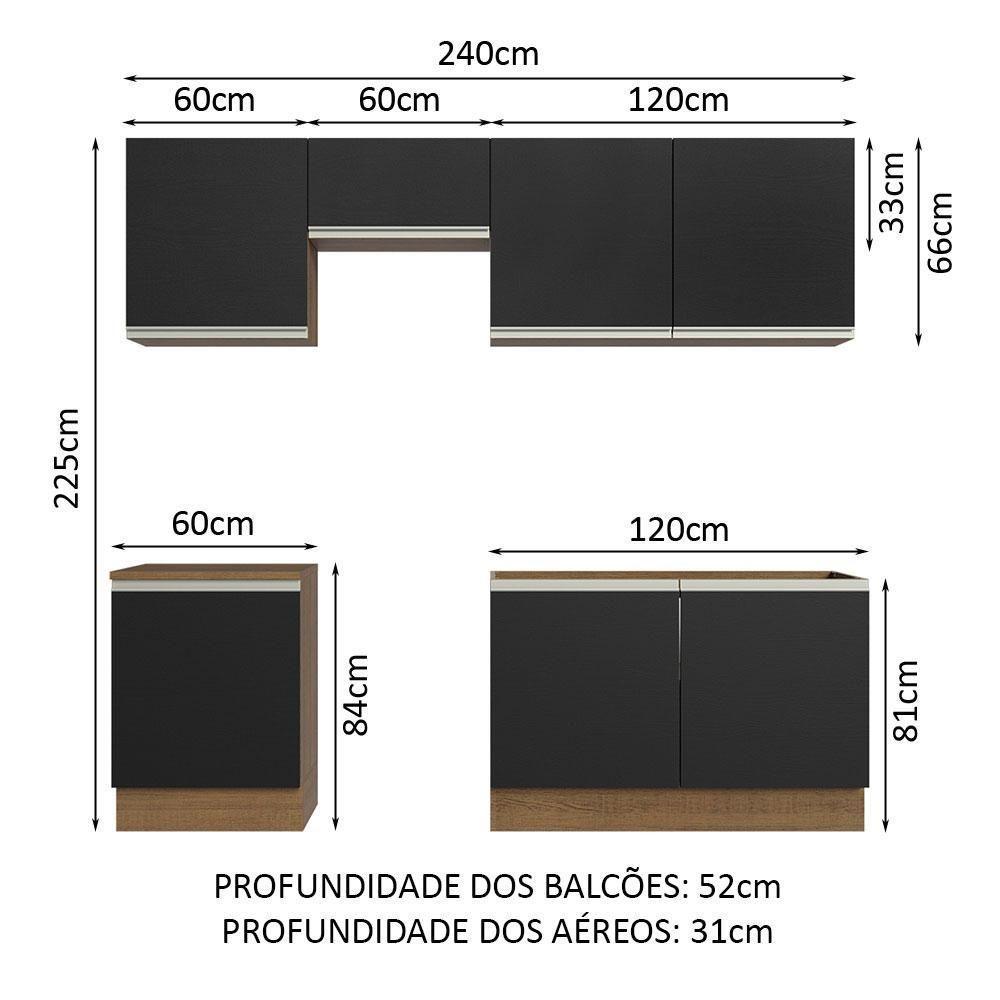 Armário De Cozinha 240Cm Rustic/Preto Glamy 09 Rustic/Preto - 9