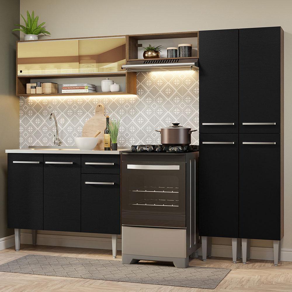 Armário De Cozinha Compacta 229cm Com Pia Rustic/preto Emilly Madesa 11 Rustic/preto - 1
