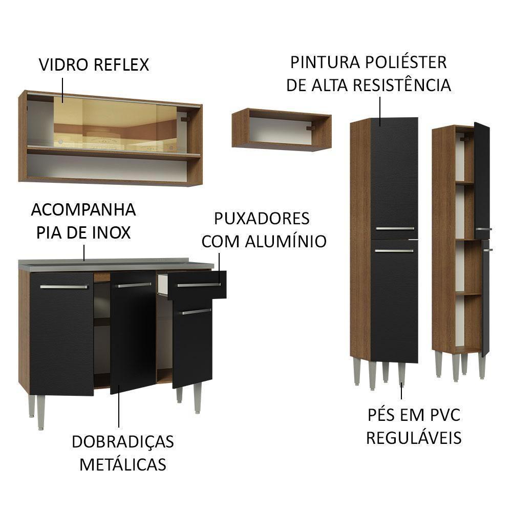 Armário De Cozinha Compacta 229cm Com Pia Rustic/preto Emilly Madesa 11 Rustic/preto - 7