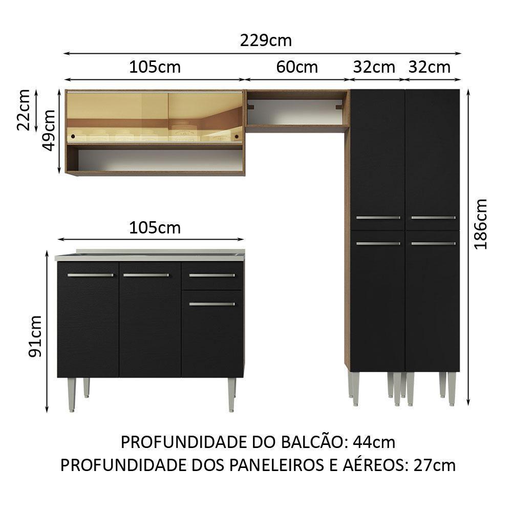 Armário De Cozinha Compacta 229cm Com Pia Rustic/preto Emilly Madesa 11 Rustic/preto - 8