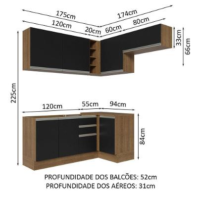 Armário de Cozinha Completa de Canto Glamy 07 7 Portas 3 Gavetas MDF Rustic-Preto