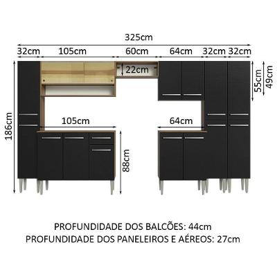 Armário De Cozinha Completa 325Cm Madesa 05 Rustic/Preto