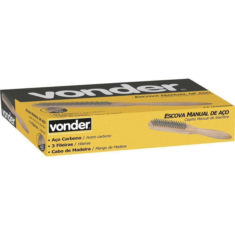 Escova Manual Aço 3 Fileiras Cabo Madeira Vonder - 3