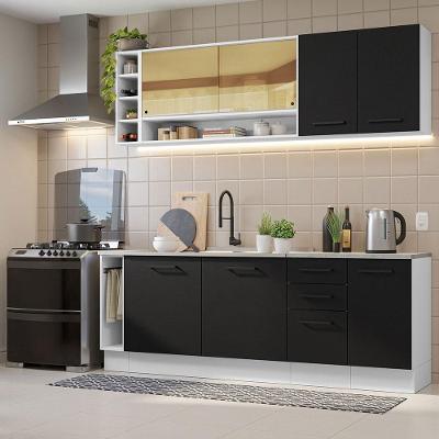 Armário de Cozinha Completa Agata 9 Portas 3 Gavetas MDF 220cm Branco-preto
