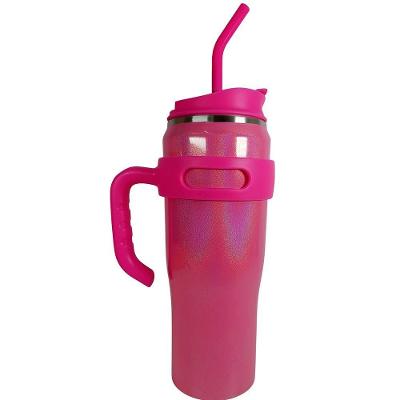 Copo Térmico Inox Com Alça Canudo Esmaltado Glitter Rosa