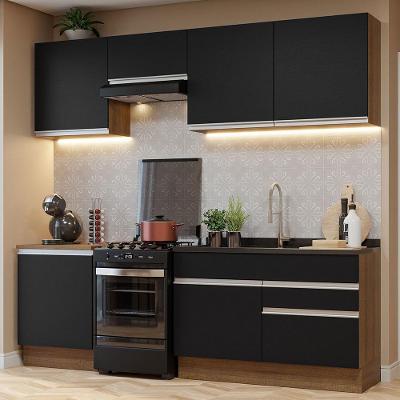 Armário de Cozinha Glamy 5 Portas 2 Gavetas MDF 240cm Rustic-Preto com Tampo em MDP